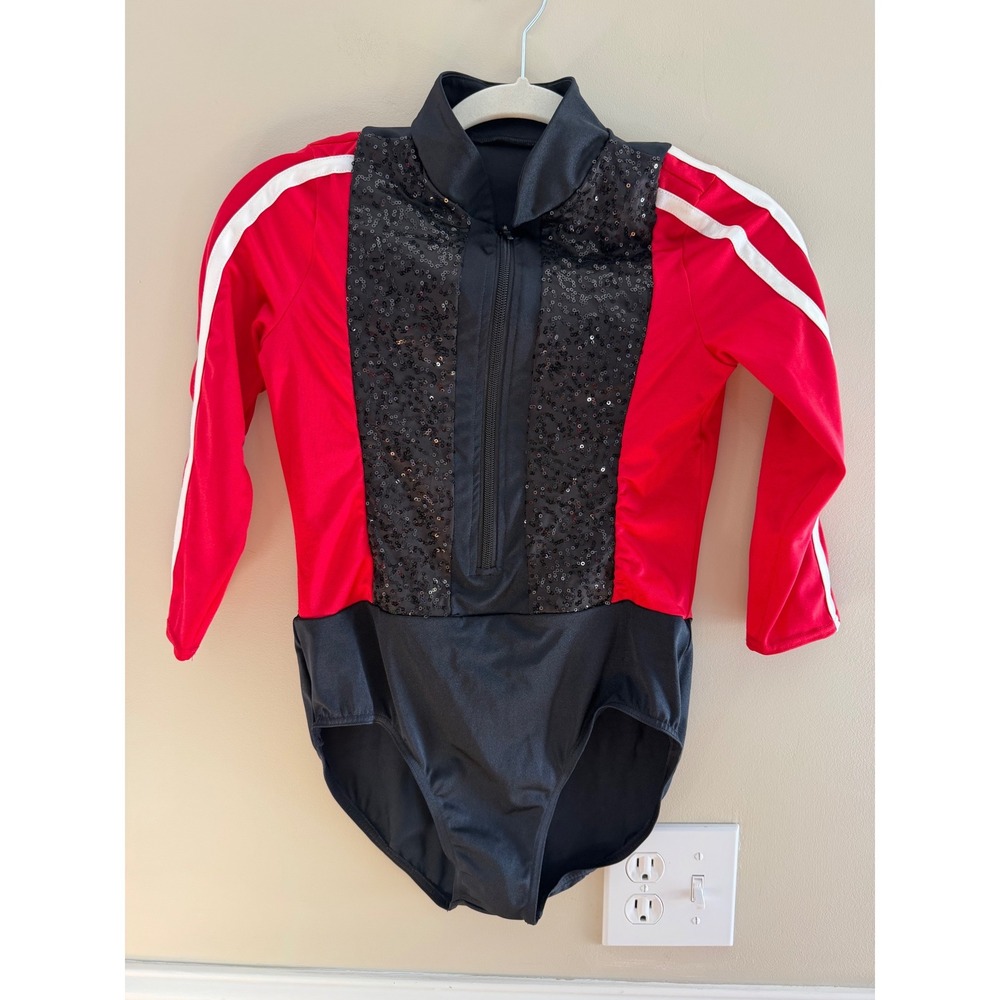Weissman 12217 Sequin Zip Front Dance Leotard Red Black White Kids XLC